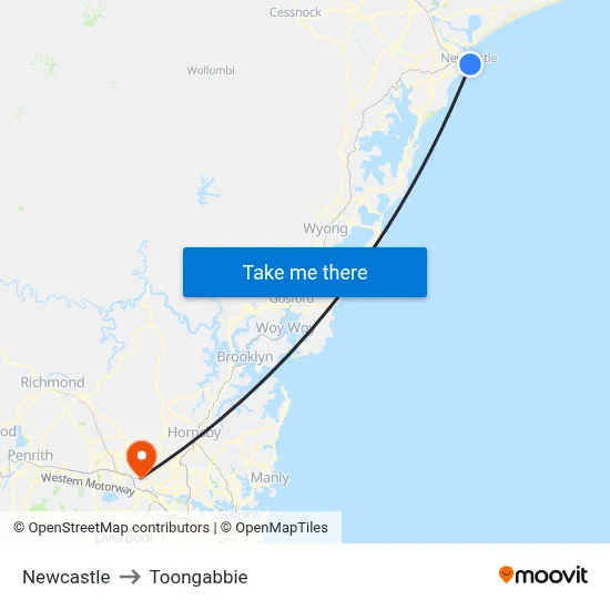 Newcastle to Toongabbie map