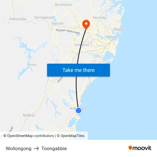 Wollongong to Toongabbie map