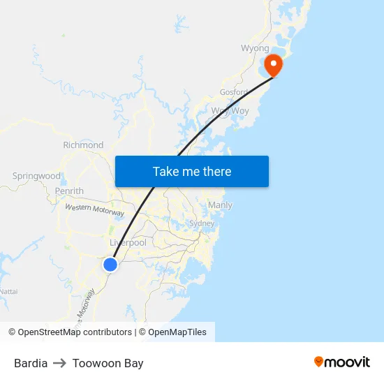 Bardia to Toowoon Bay map