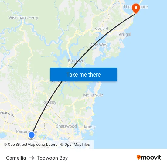 Camellia to Toowoon Bay map