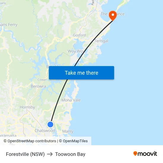 Forestville (NSW) to Toowoon Bay map