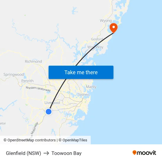 Glenfield (NSW) to Toowoon Bay map