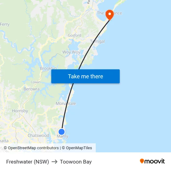 Freshwater (NSW) to Toowoon Bay map
