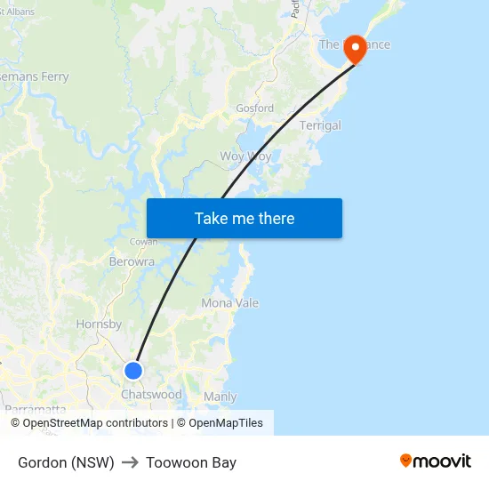 Gordon (NSW) to Toowoon Bay map