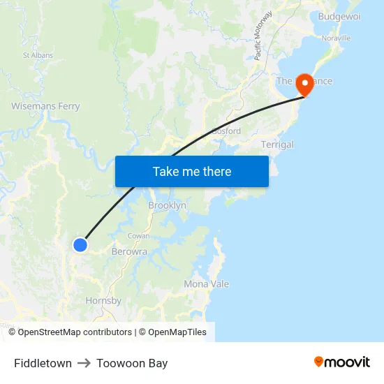 Fiddletown to Toowoon Bay map