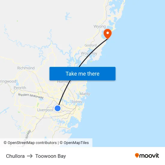 Chullora to Toowoon Bay map
