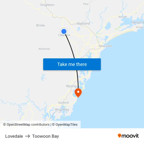 Lovedale to Toowoon Bay map