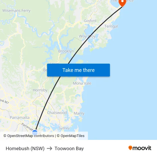 Homebush (NSW) to Toowoon Bay map