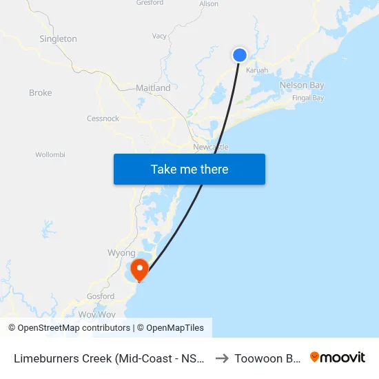 Limeburners Creek (Mid-Coast - NSW) to Toowoon Bay map