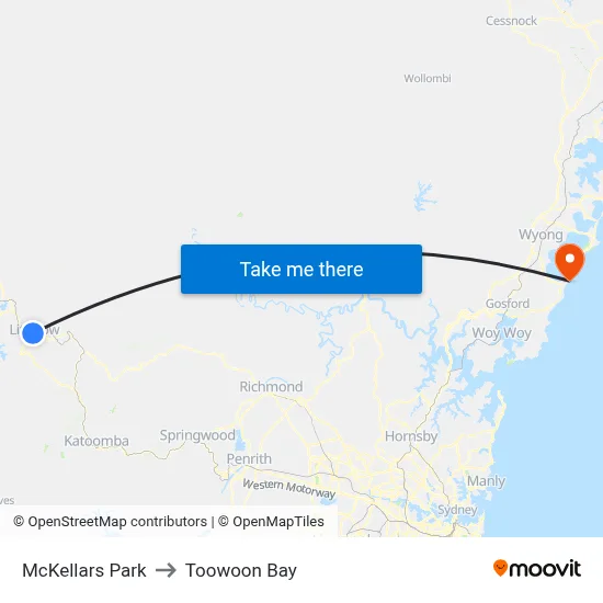 McKellars Park to Toowoon Bay map