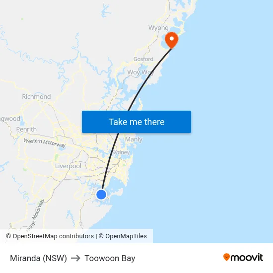 Miranda (NSW) to Toowoon Bay map