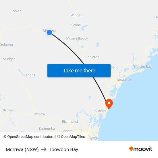 Merriwa (NSW) to Toowoon Bay map