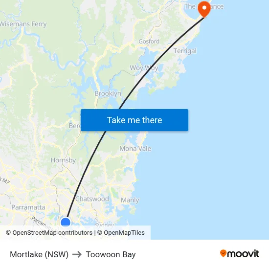 Mortlake (NSW) to Toowoon Bay map