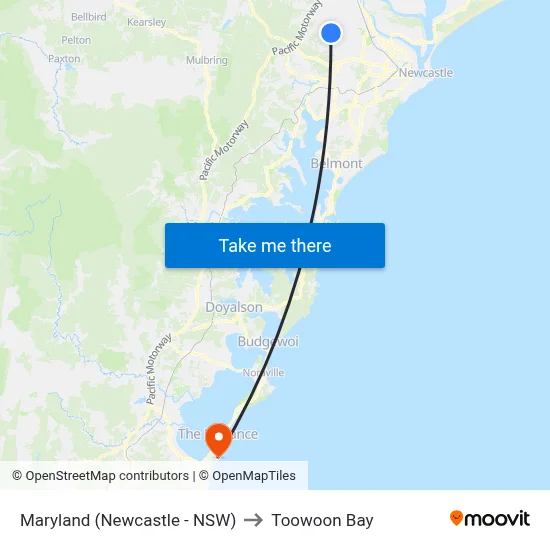 Maryland (Newcastle - NSW) to Toowoon Bay map