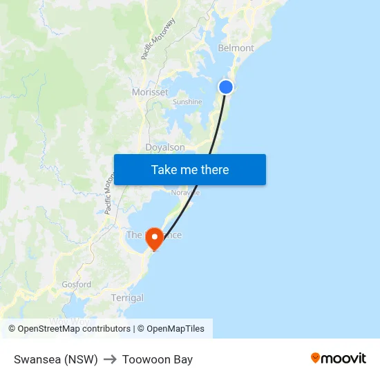 Swansea (NSW) to Toowoon Bay map