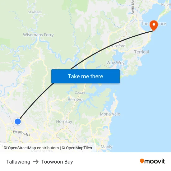 Tallawong to Toowoon Bay map