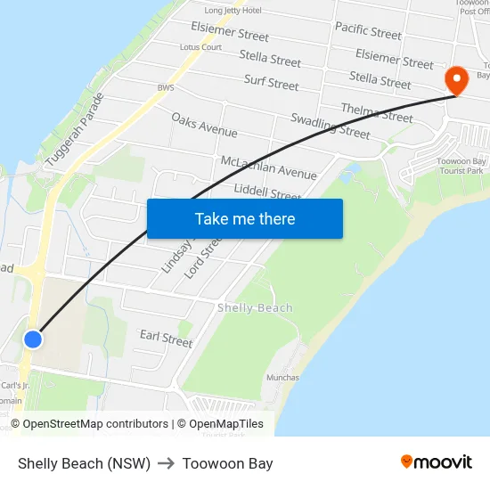 Shelly Beach (NSW) to Toowoon Bay map