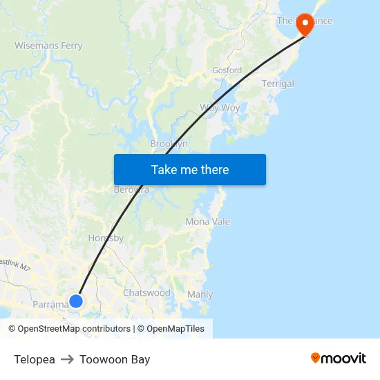 Telopea to Toowoon Bay map