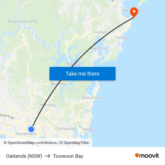Oatlands (NSW) to Toowoon Bay map