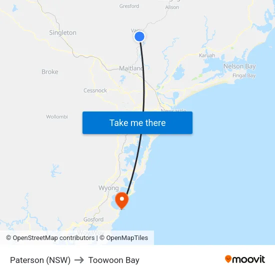 Paterson (NSW) to Toowoon Bay map