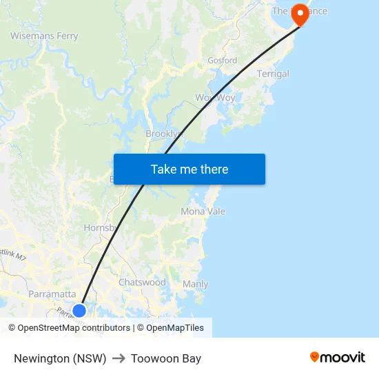 Newington (NSW) to Toowoon Bay map