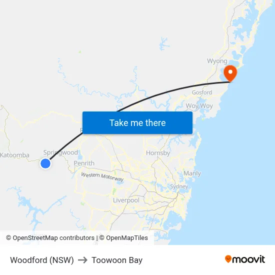 Woodford (NSW) to Toowoon Bay map