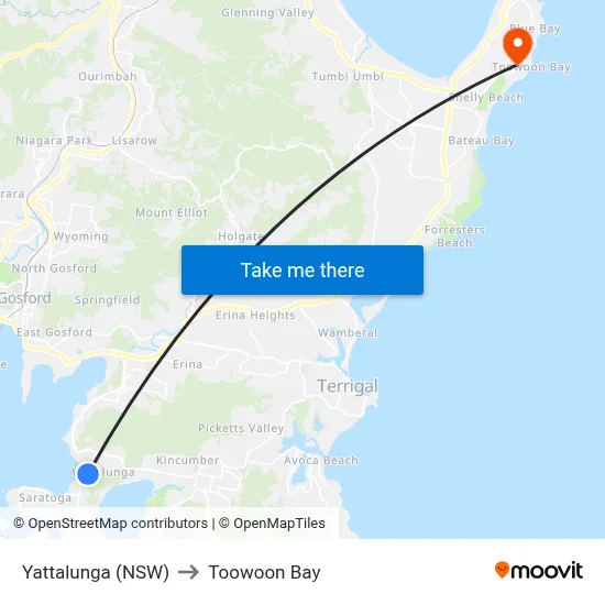Yattalunga (NSW) to Toowoon Bay map