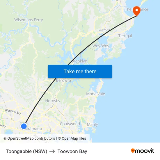 Toongabbie (NSW) to Toowoon Bay map