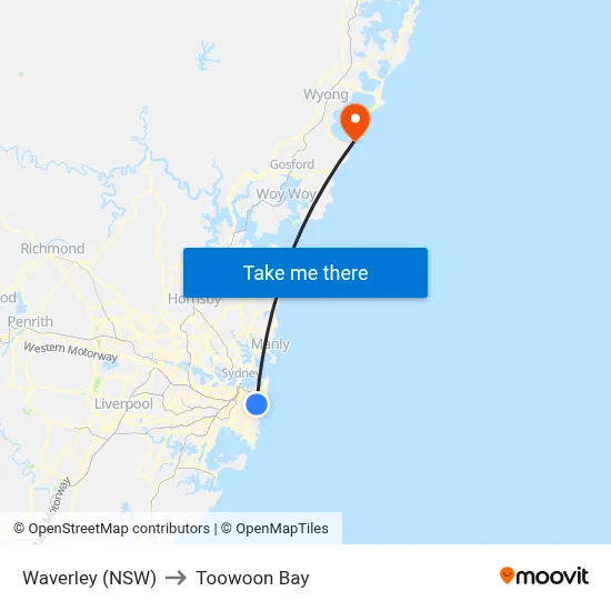 Waverley (NSW) to Toowoon Bay map