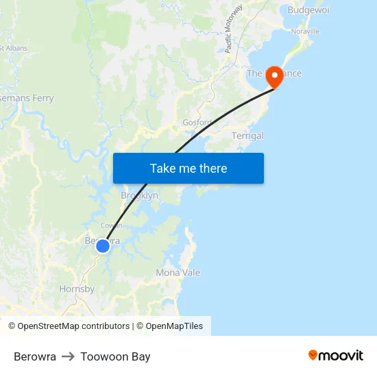Berowra to Toowoon Bay map