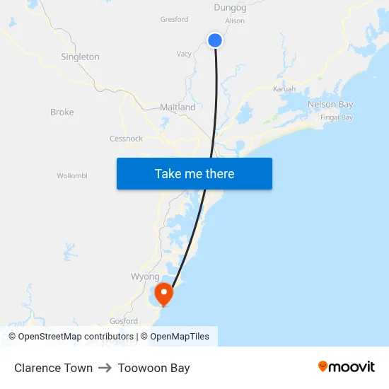 Clarence Town to Toowoon Bay map
