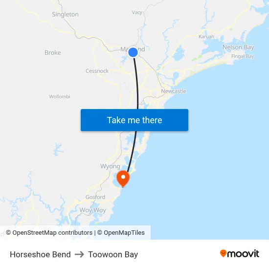 Horseshoe Bend to Toowoon Bay map