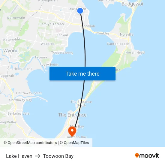 Lake Haven to Toowoon Bay map