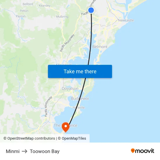 Minmi to Toowoon Bay map