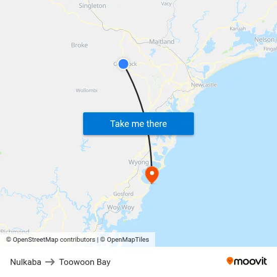 Nulkaba to Toowoon Bay map