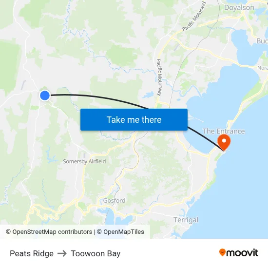 Peats Ridge to Toowoon Bay map