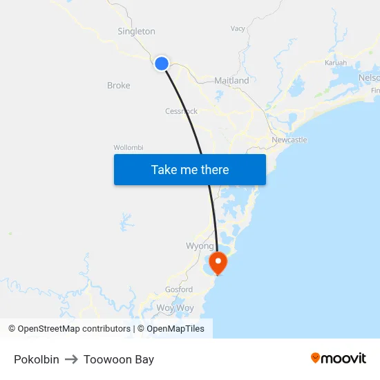 Pokolbin to Toowoon Bay map