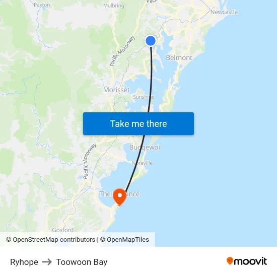 Ryhope to Toowoon Bay map