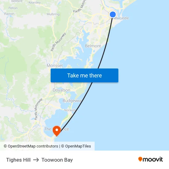 Tighes Hill to Toowoon Bay map