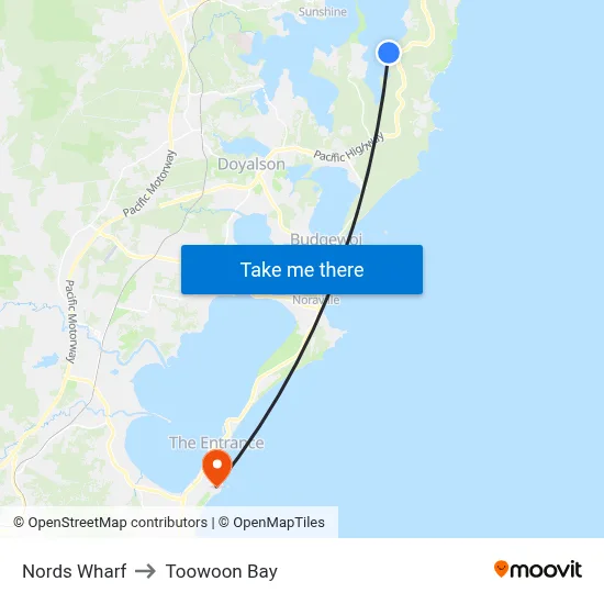 Nords Wharf to Toowoon Bay map