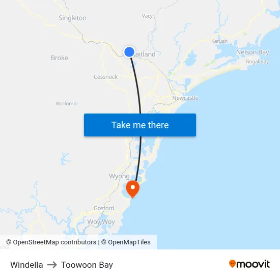 Windella to Toowoon Bay map