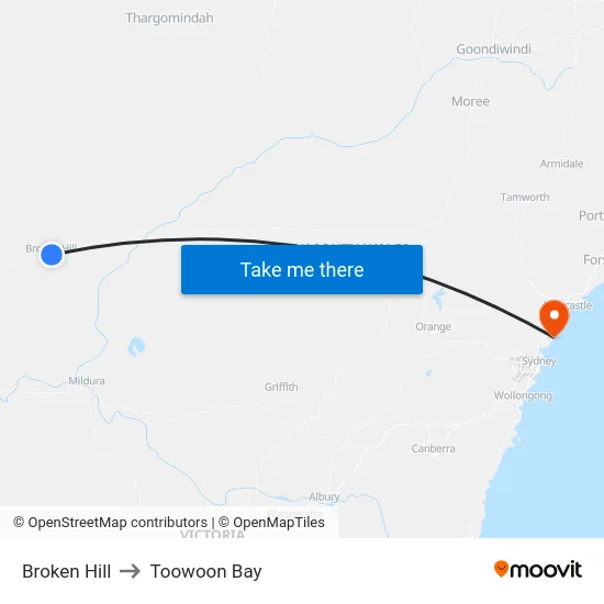 Broken Hill to Toowoon Bay map