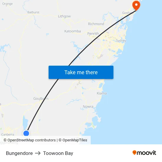 Bungendore to Toowoon Bay map