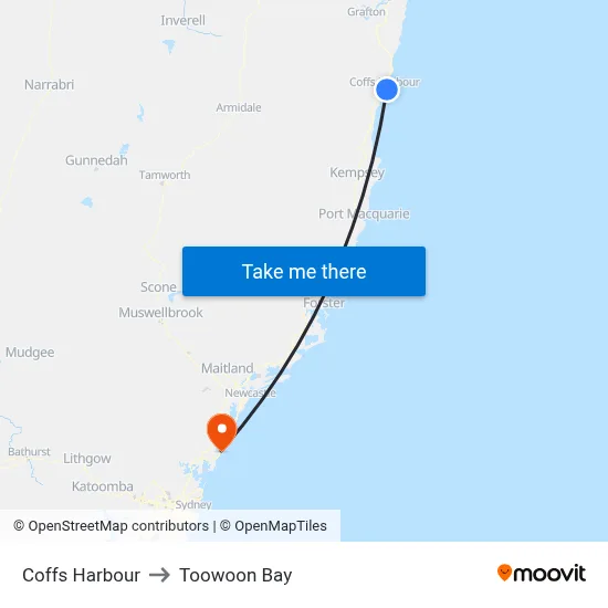 Coffs Harbour to Toowoon Bay map