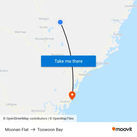 Moonan Flat to Toowoon Bay map