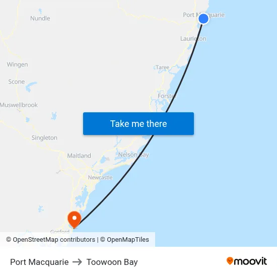 Port Macquarie to Toowoon Bay map
