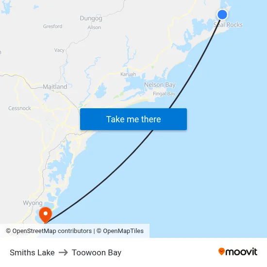 Smiths Lake to Toowoon Bay map