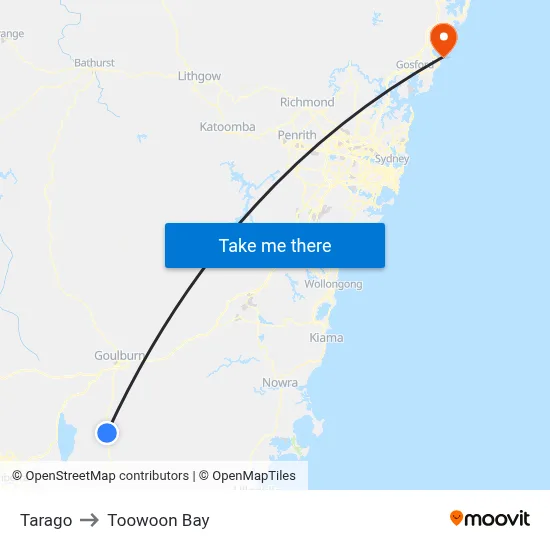 Tarago to Toowoon Bay map