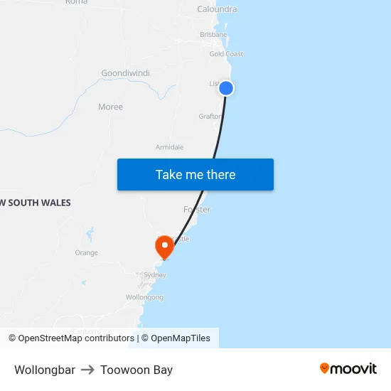 Wollongbar to Toowoon Bay map