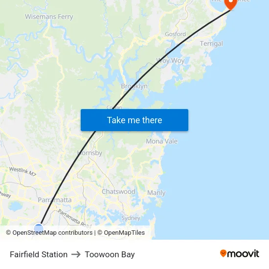Fairfield Station to Toowoon Bay map